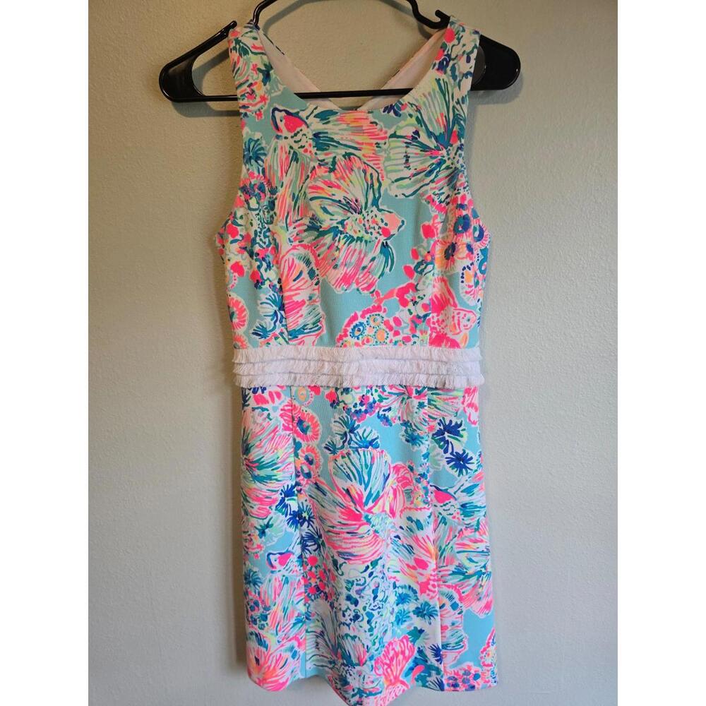 Lilly Pulitzer Arden Shift Dress in Serene Blue Gypsea White Fringe Waist (XS)